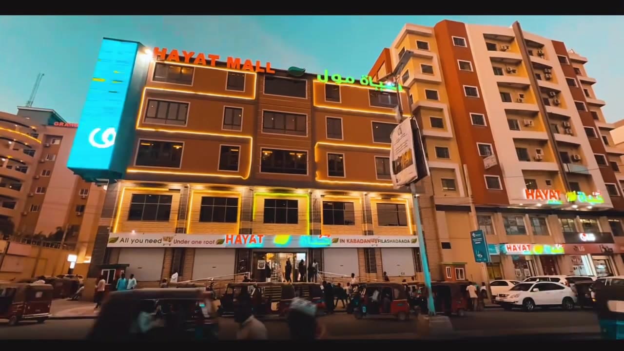 The Hayat Supermarket building lit up at dusk